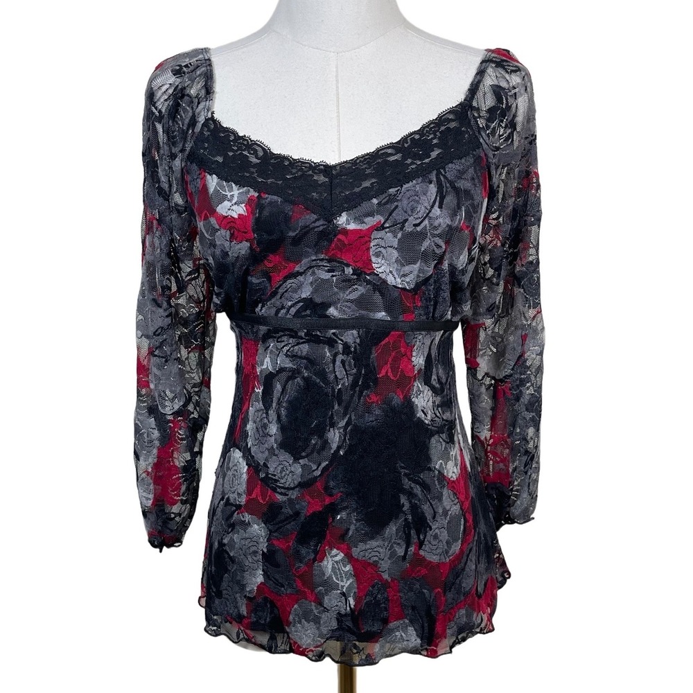 Vintage Fashion Bug Babydoll Floral Lace Mesh Top Women M Black Red‎ Fairy Goth